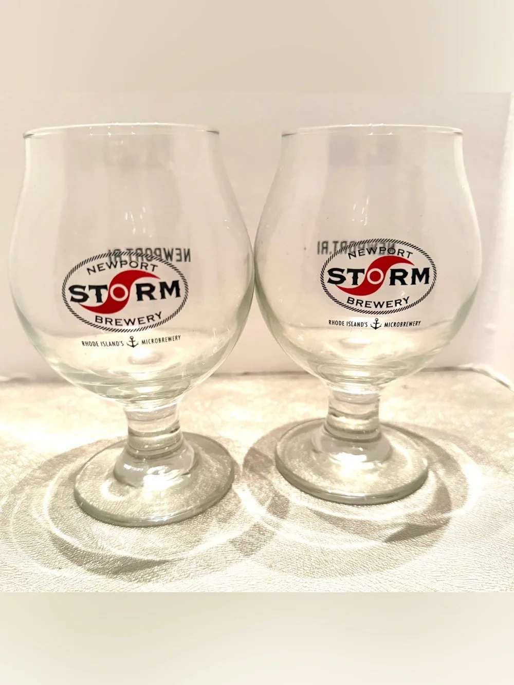 Newport Storm Brewery Branded Goblet Glasses with Red & Black Logo